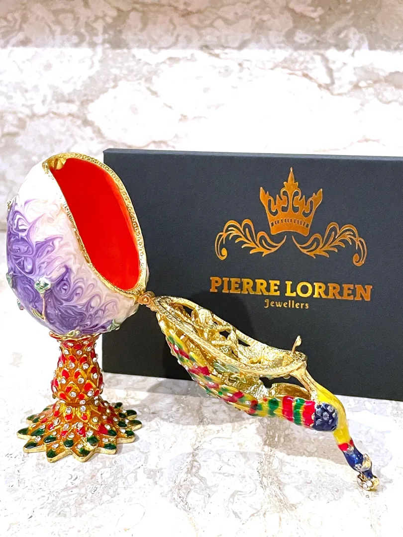 Designer Faberge Style Egg Wedding Gift for Couple NEW BEGINNINGS Trinket Peacock Swarovski GOLD Decor Handmade New Home Owner Pierre Lorren