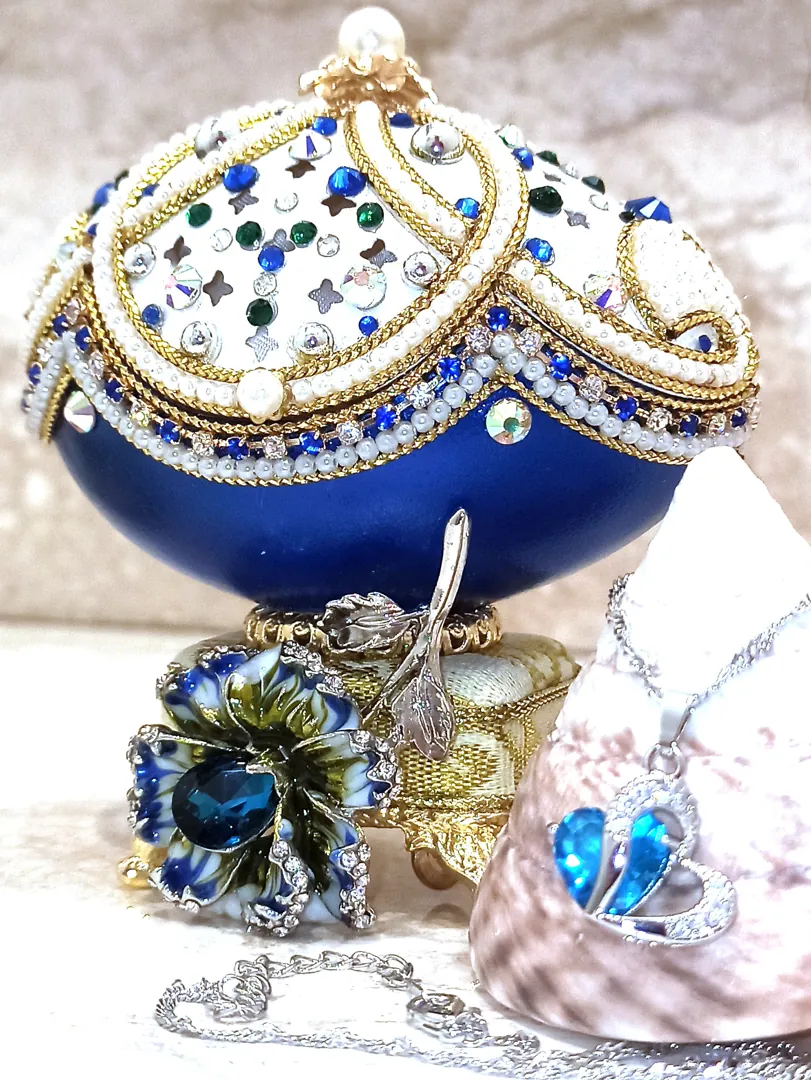 One Of a Kind - Faberge Egg - 24k Gold - Faberge Egg Music Box - Sterling Silver Jewelry - Blue Necklace - Silver, Topaz Bracelet - Faberge Style