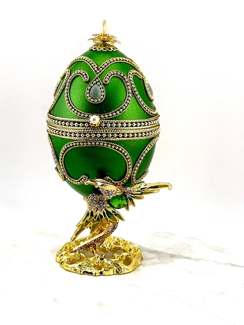 1980 Fabergé Egg Emerald Green Bird NATURAL Fabergé Egg Pure GOLD Decor 55th Wedding Anniversary Gift for Parents 55th Birthday Gift for Her