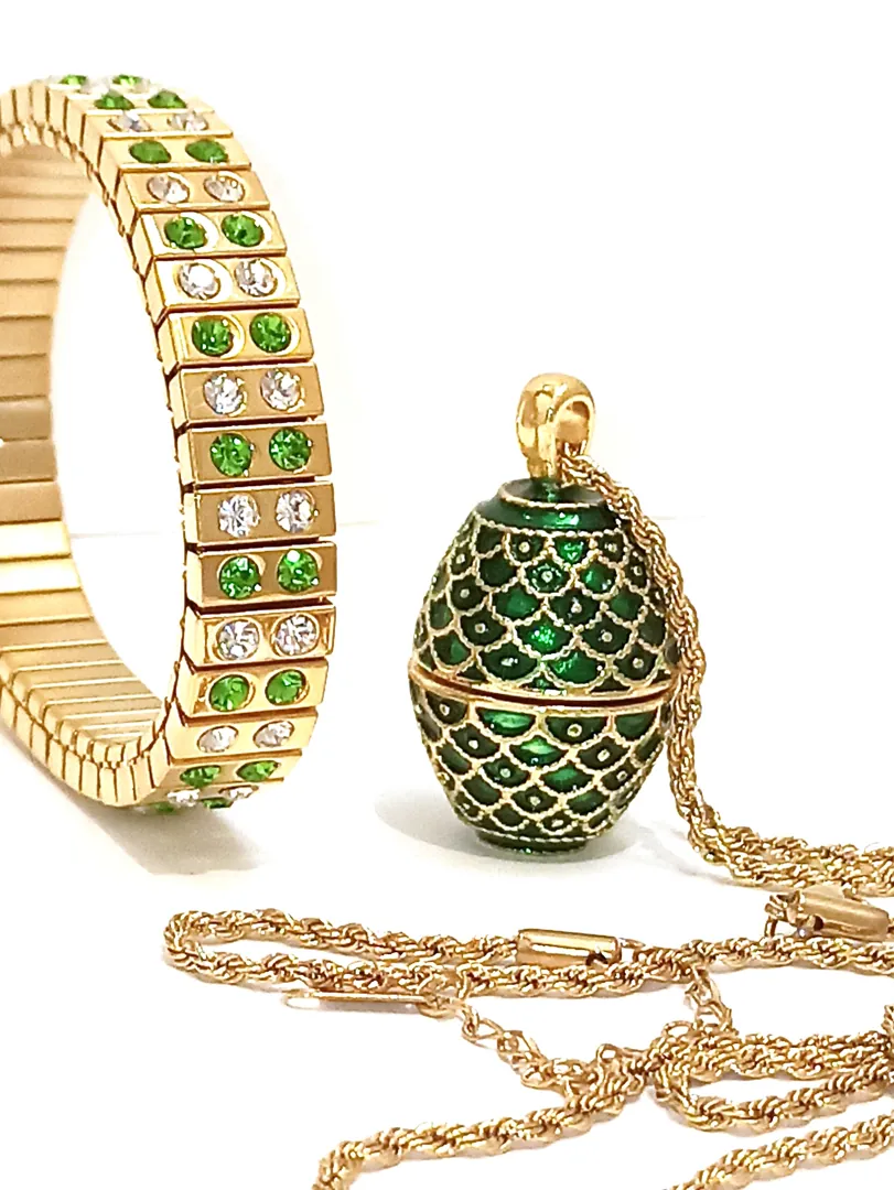 Faberge Emerald Necklace Pendant & Bracelet for Women 24K Gold Jewelry Set Young Lady Birthday Present Anniversary Gift Idea for Girlfriend