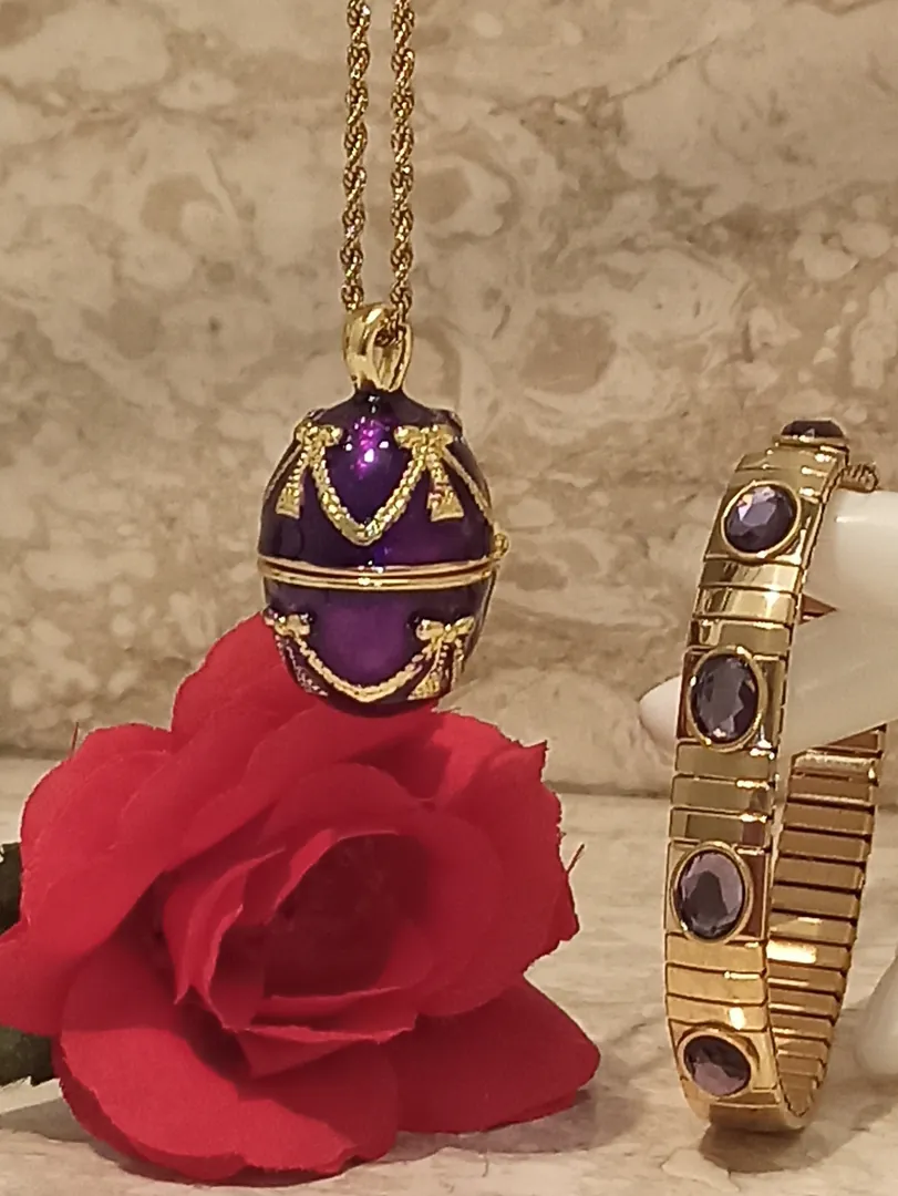 One of a Kind - Fabergé Egg Style Musical Carousel Horse Fabergé Necklace - Amethyst Bracelet - Purple Fabergé Egg 24k Handmade Fabergé Egg