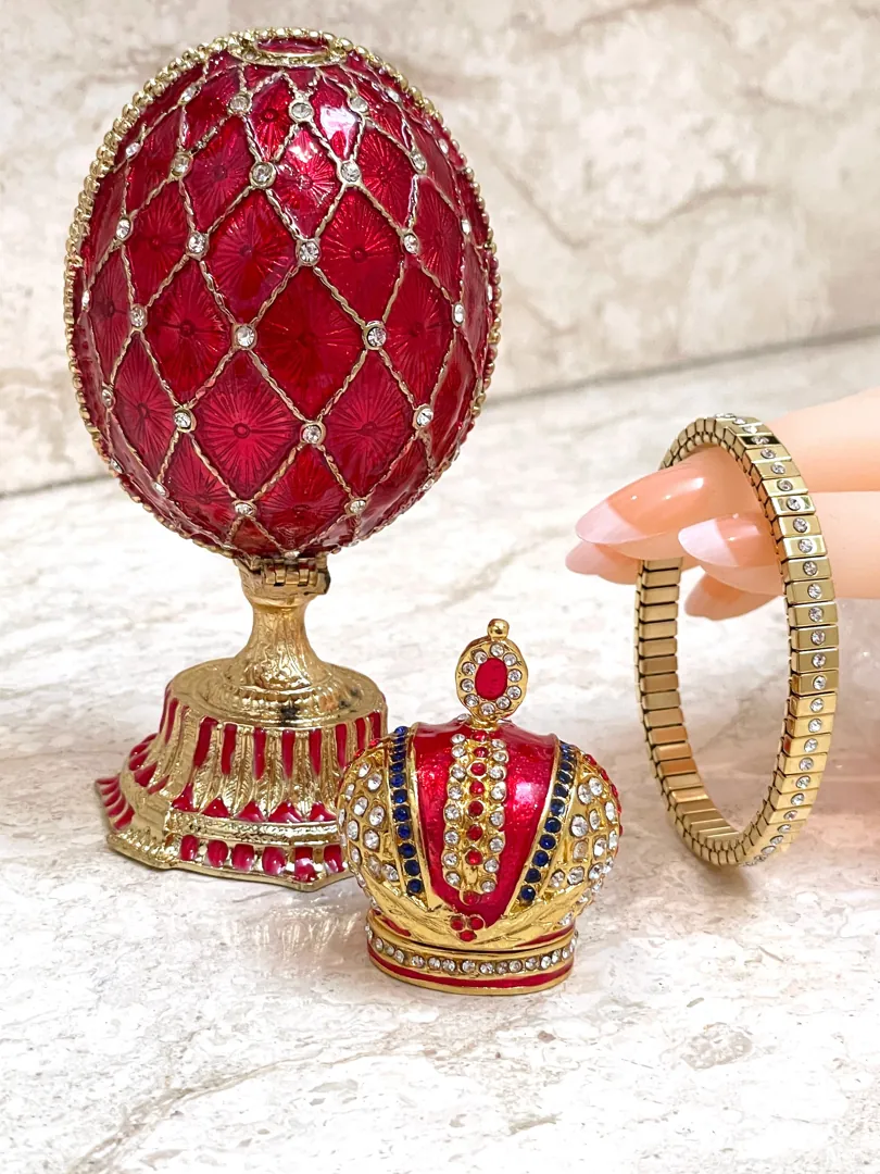 Unisex Designer Ruby Red Faberge Egg Faberge Style Egg 24k Gold Bracelet Handmade Fabergé Jewelry Box 333 Swarovski Christmas Gift for Her