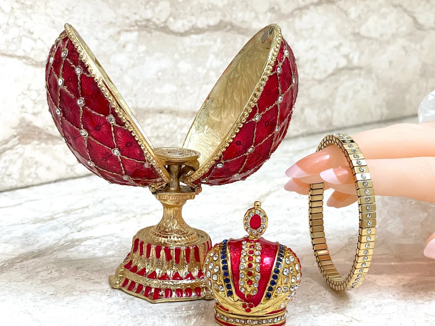 Unisex Designer Ruby Red Faberge Egg Faberge Style Egg 24k Gold Bracelet Handmade Fabergé Jewelry Box 333 Swarovski Christmas Gift for Her