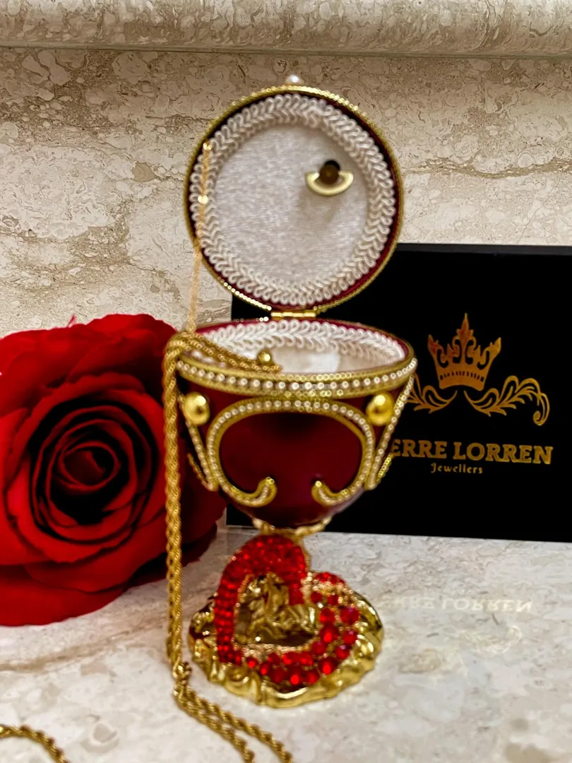 Faberge Egg Valentine's Day Wedding Day gifts, Faberge style Eggs, Faberge Musical Egg, Silk Interior Faberge Jewelry box, and Faberge Necklace.