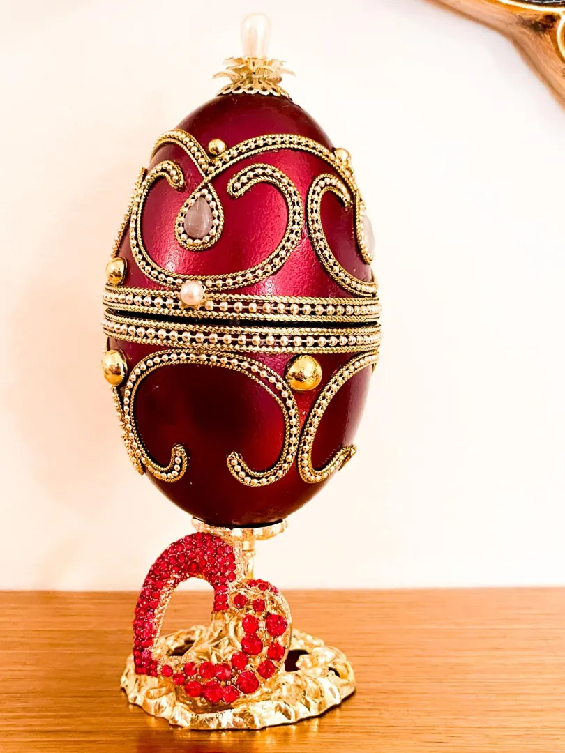 Faberge Egg Valentine's Day Wedding Day gifts, Faberge style Eggs, Faberge Musical Egg, Silk Interior Faberge Jewelry box, and Faberge Necklace.