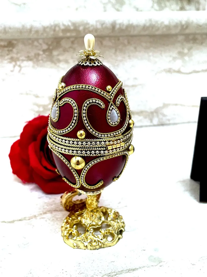 Faberge Egg Valentine's Day Wedding Day gifts, Faberge style Eggs, Faberge Musical Egg, Silk Interior Faberge Jewelry box, and Faberge Necklace.