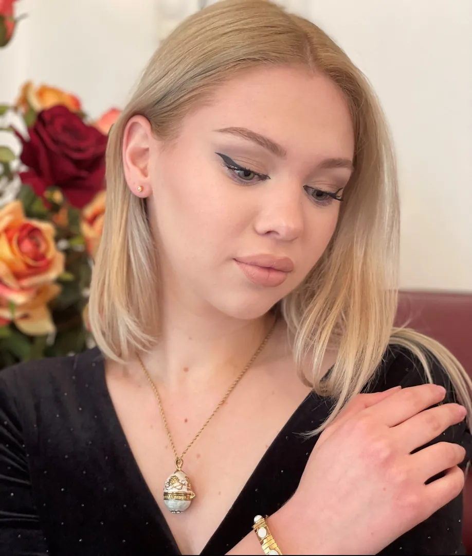 Luxury Faberge Egg Pendant Locket White Faberge Egg Necklace Set 24k Gold Fabergé Jewelry Austrian Crystal Handset + Gold White Bracelet