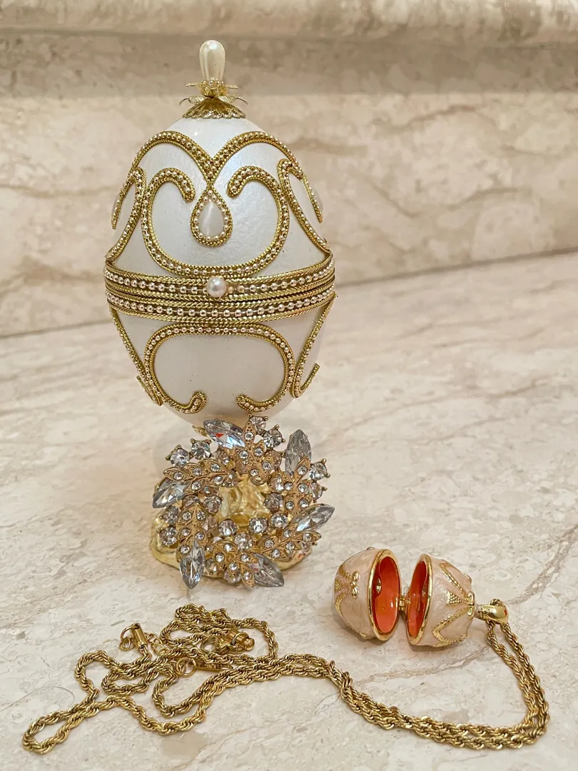 Faberge, Gold Faberge Egg Music Box, and Fabergé Style Egg Pendant, Home Decor, Handmade White Faberge Egg Set, Bridal Shower Gift for Bride.