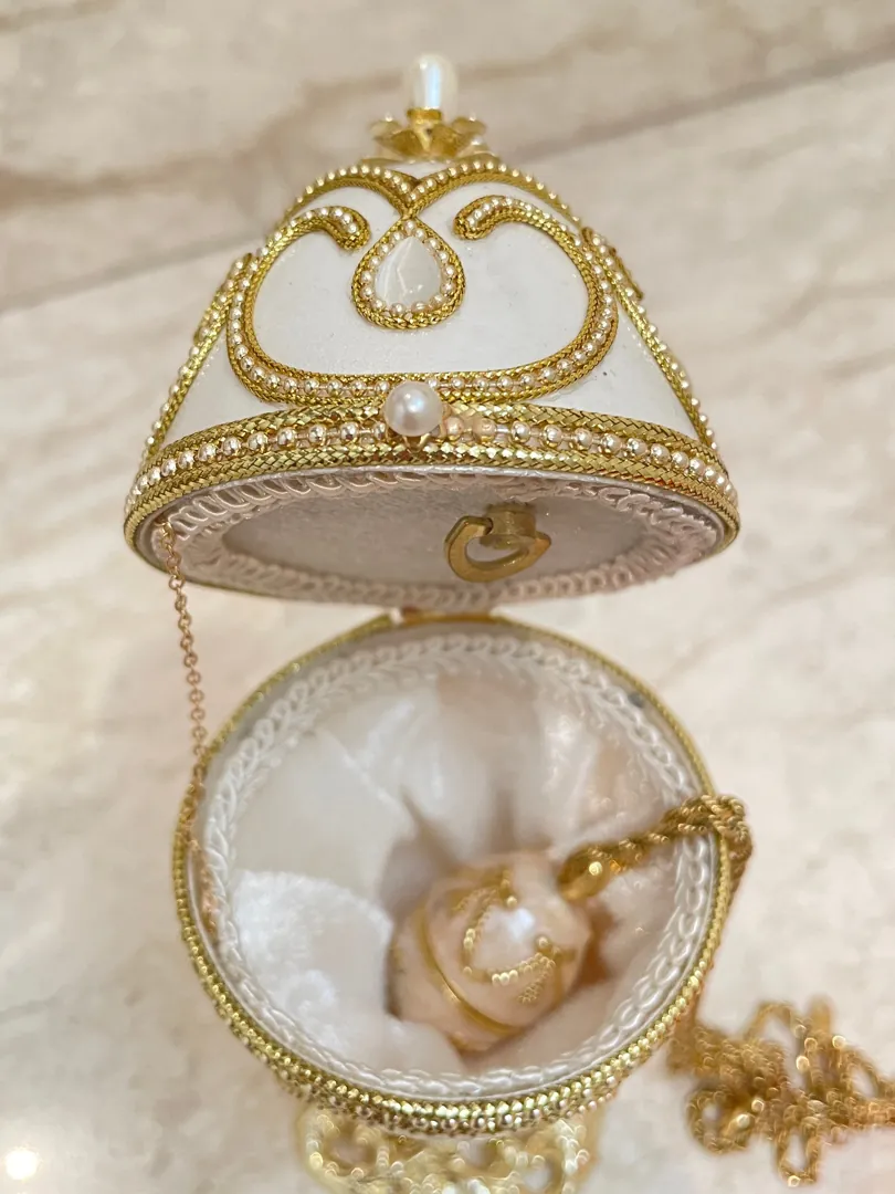 Faberge, Gold Faberge Egg Music Box, and Fabergé Style Egg Pendant, Home Decor, Handmade White Faberge Egg Set, Bridal Shower Gift for Bride.