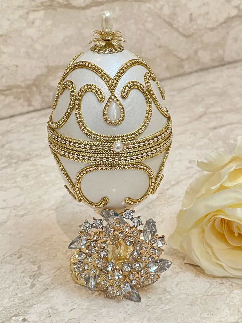 Faberge, Gold Faberge Egg Music Box, and Fabergé Style Egg Pendant, Home Decor, Handmade White Faberge Egg Set, Bridal Shower Gift for Bride.