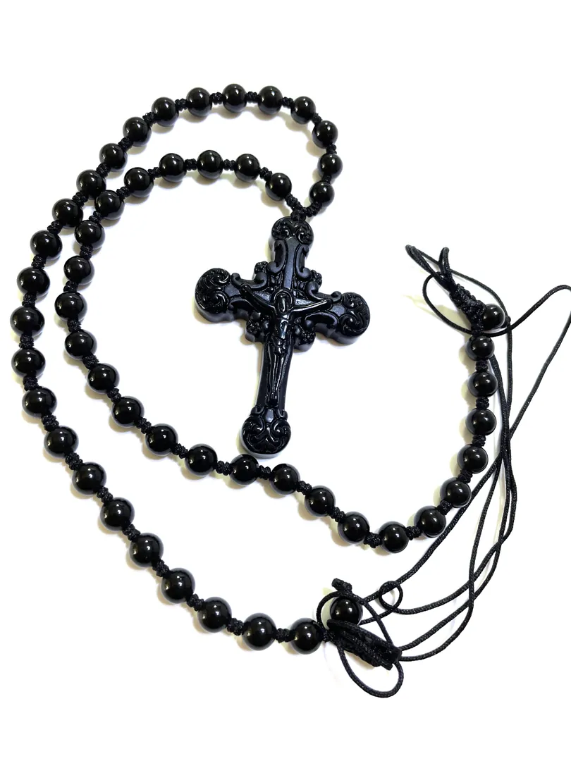 NATURAL Black Onyx Rosary Cross Handmade Religious Jewelry Catholic Gifts Men's Onyx Black Rosary Military Firefighter Cross Rosary Jewelry