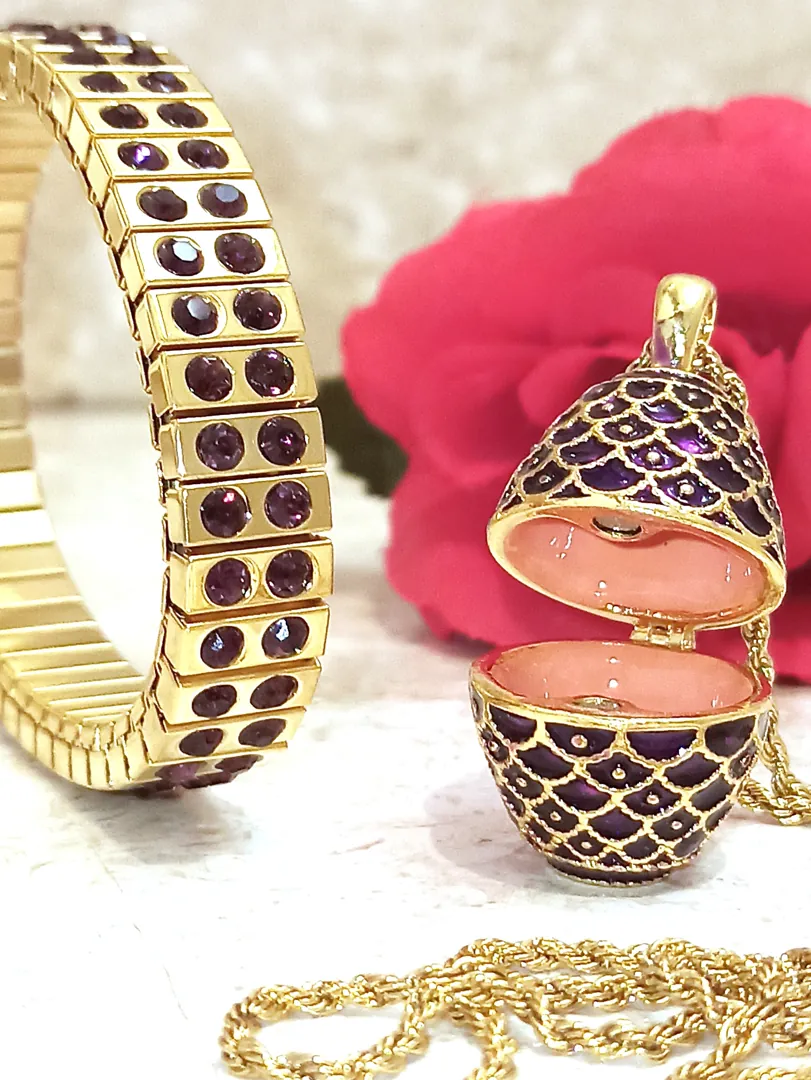Artisan Faberge Egg Necklace & Bracelet Amethyst Fabergé Egg Style Jewelry 24k Gold Swarovski February 6th Wedding Anniversary Wife Birthday