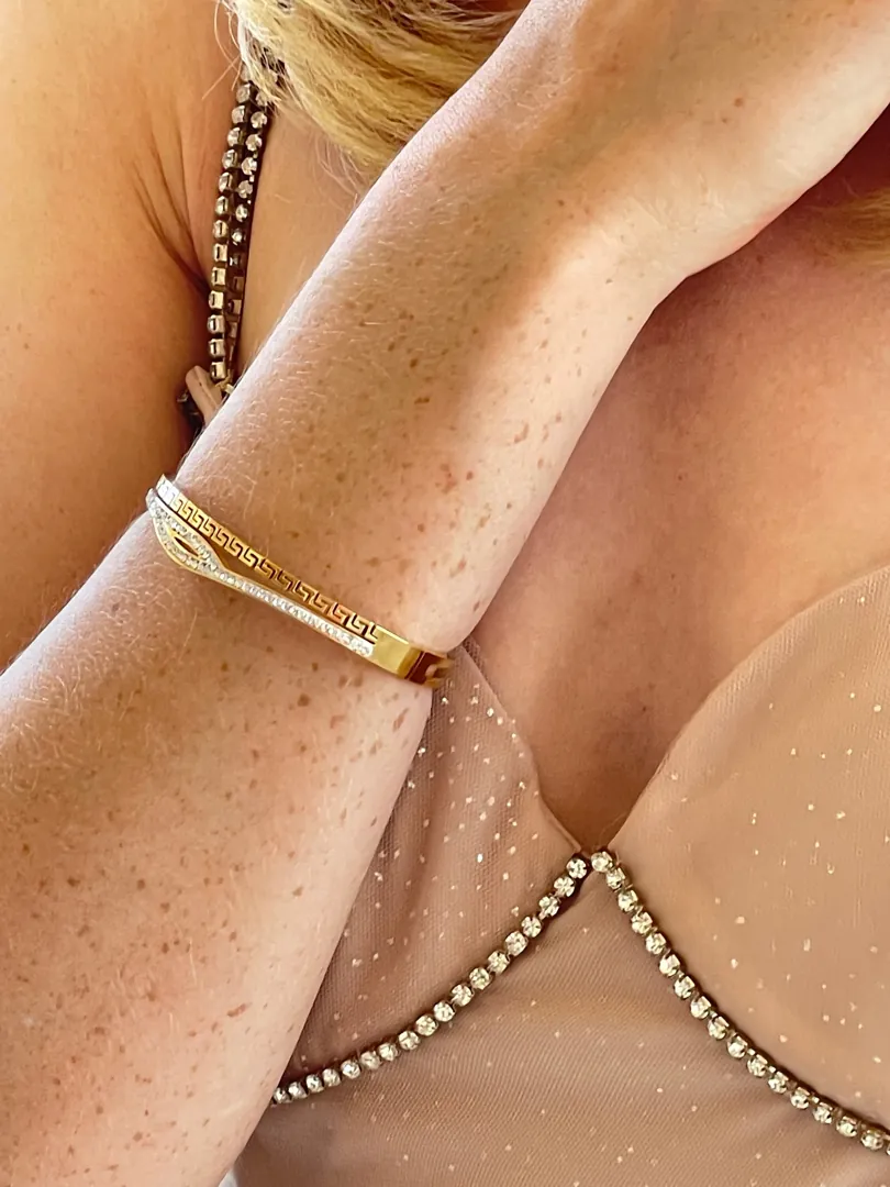 Designer Grecian Jewelry Pure Gold Vermeil Fine Greek Key Bracelet Meander Bracelet Egyptian Jewelry Eye Protection Bracelet Swarovski HMDE