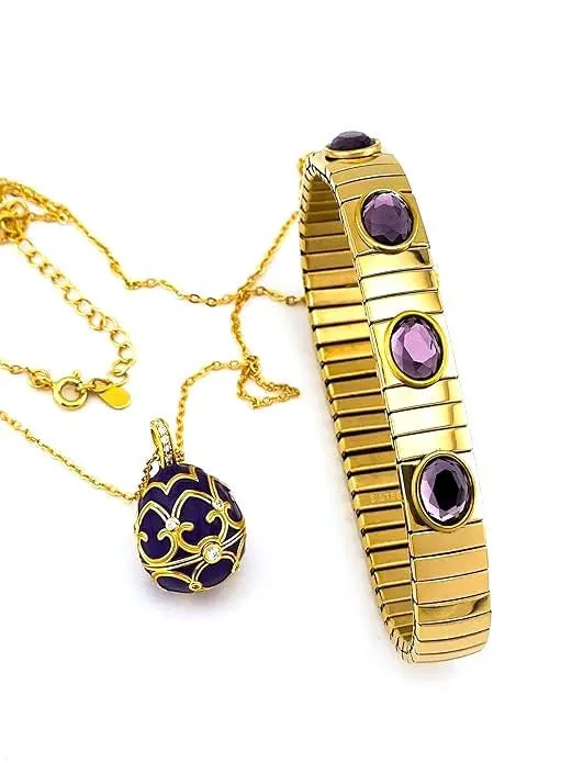 Designer Faberge Egg Necklace Bracelet Set Fabergé Egg Pendant Amethyst Jewelry Mother's Day Jewelry 18k Gold Mother Birthday Gift for Her