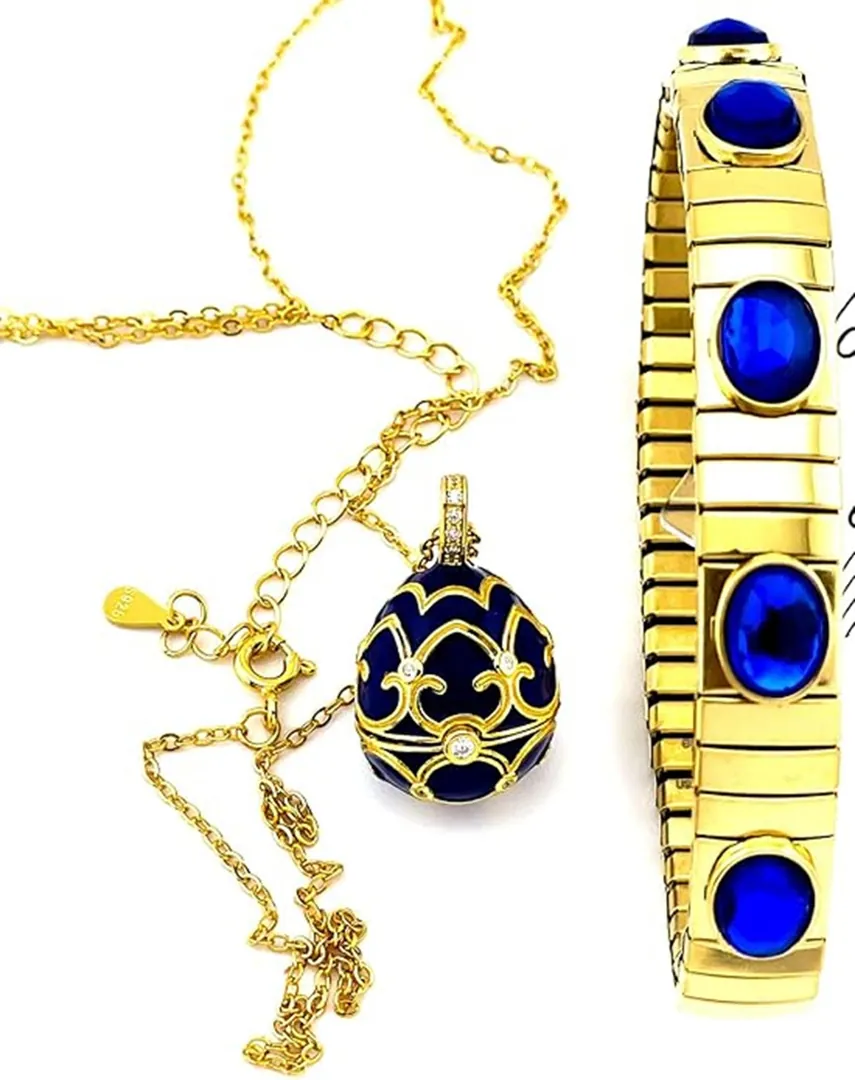 Designer Faberge Egg Necklace Bracelet Set, Faberge Egg Pendant Sapphire Jewelry & Bracelet Set, 18k Gold Vermeil, Something Blue for Wedding.