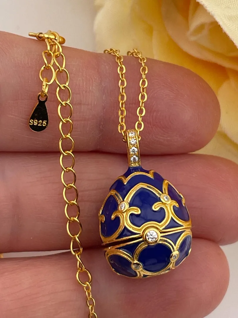 Designer Faberge Egg Necklace Bracelet Set, Faberge Egg Pendant Sapphire Jewelry & Bracelet Set, 18k Gold Vermeil, Something Blue for Wedding.