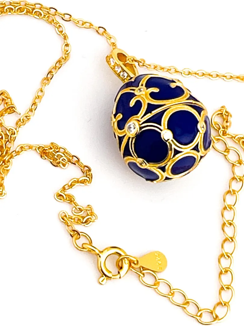 Designer Faberge Egg Necklace Bracelet Set, Faberge Egg Pendant Sapphire Jewelry & Bracelet Set, 18k Gold Vermeil, Something Blue for Wedding.