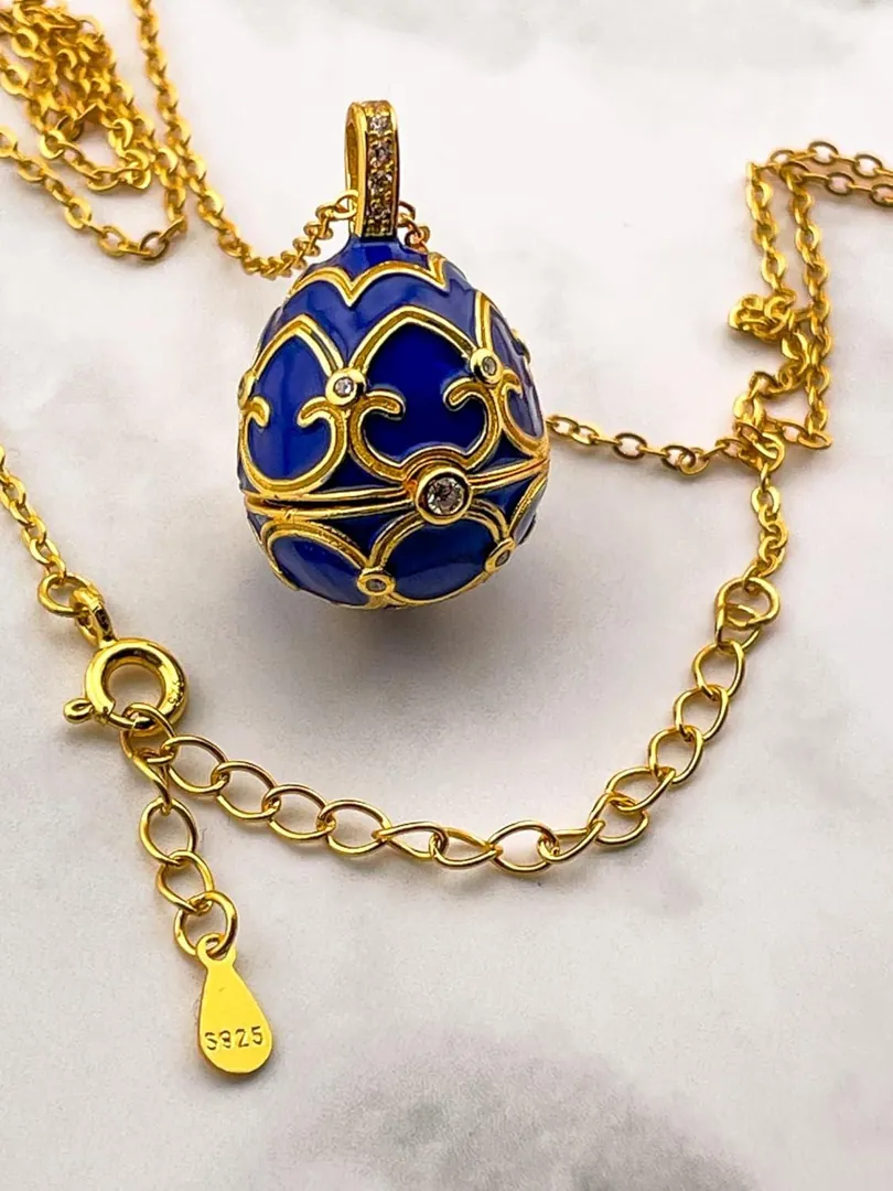 Designer Faberge Egg Necklace Bracelet Set, Faberge Egg Pendant Sapphire Jewelry & Bracelet Set, 18k Gold Vermeil, Something Blue for Wedding.