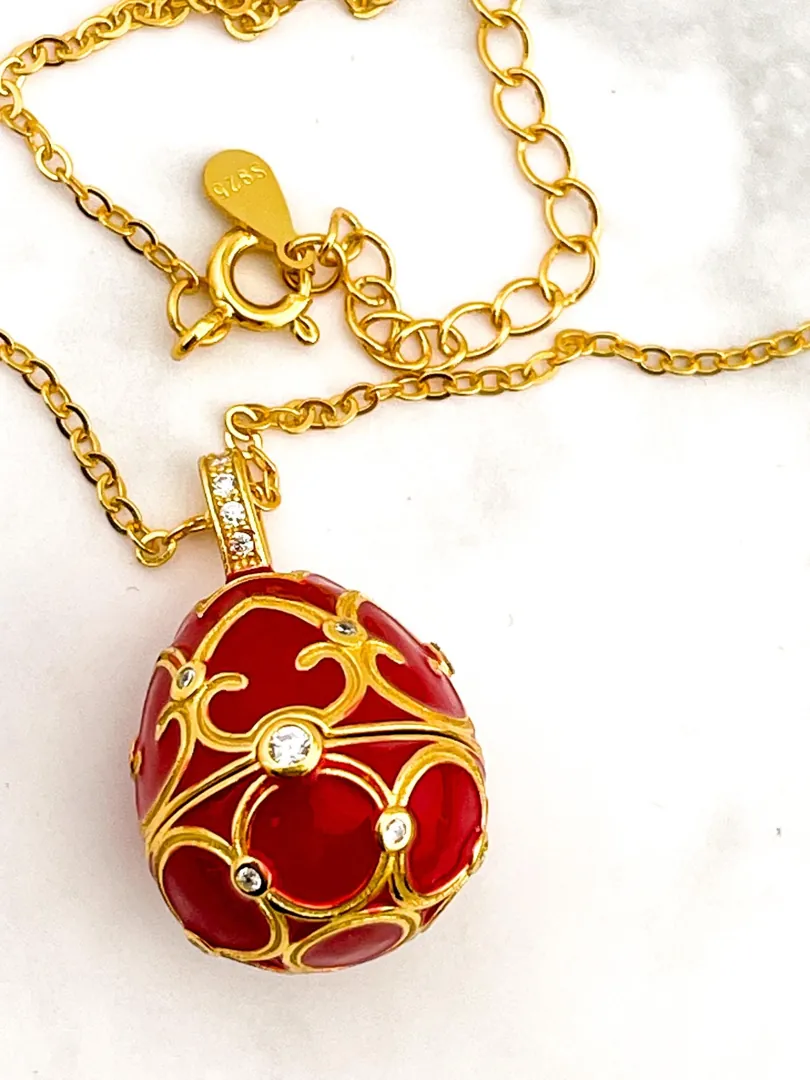 Designer Ruby Faberge Egg Necklace Bracelet Set 18k Gold Vermeil Fabergé Egg Pendant & Bracelet Valentine Jewelry Anniversary Wife Birthday