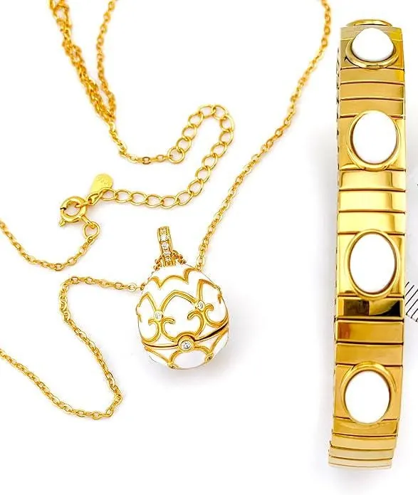 Designer White Faberge Egg Necklace Bracelet Set 18k Gold Vermeil Faberge Egg Pendant Bracelet Jewelry Set for Wedding Bridal Birthday Women