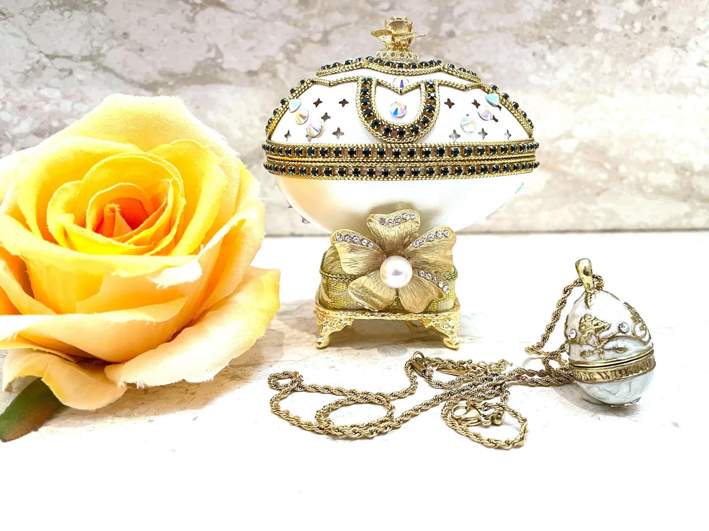 One of a Kind Wedding Gifts for Bride - Faberge Egg - Handcarved Natural Egg - Faberge Egg Music Box - Faberge Eggs Necklace Set - 24k Gold