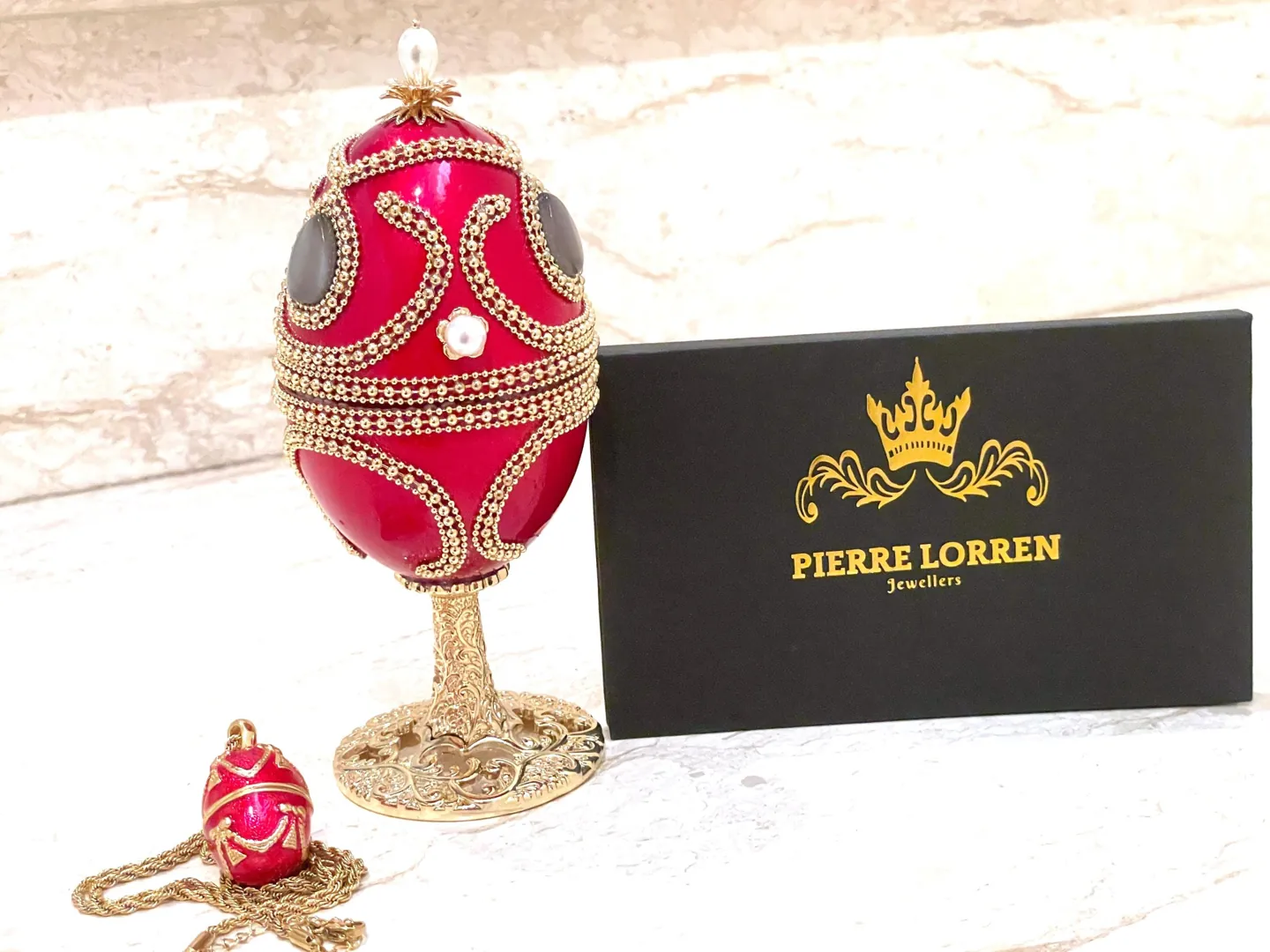 2019 PierreLorren NATURAL Red Faberge Egg Music Box & Faberge Egg Pendant Fabergé Egg Style Jewelry Box Pure Gold Decor HANDMADE Anniversary