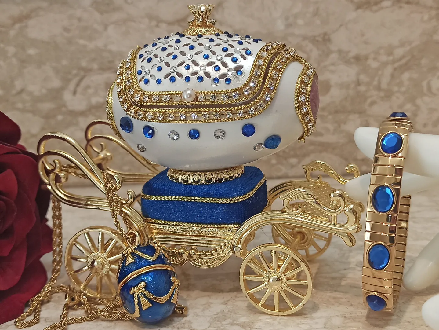 Faberge Egg Carriage Sapphire Jewelry Box Gift for Mom, Mother, Wife. Natural Egg with Swarovski Sapphire and Diamonds, 24k Gold Bracelet and Necklace.
