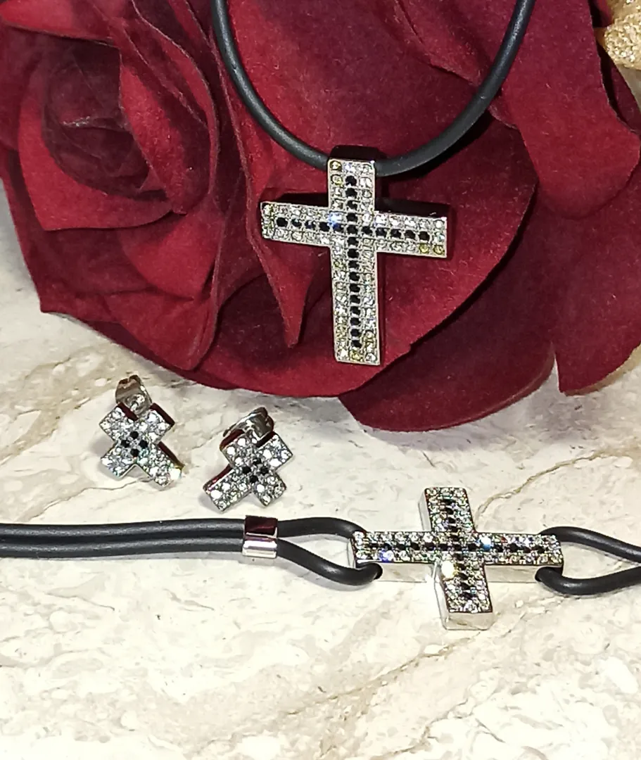 SILVER Modern CROSS Necklace set for women Swarovski Diamonds 1.64ct / Christian Jewelry / Cross Pendant Necklace Bracelet Earrings Silver Gift