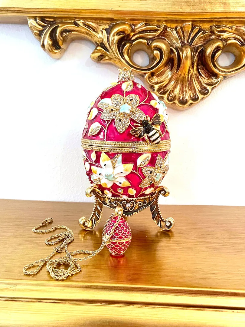 Red Faberge Egg Jewelry Box Pomegranate Gift + Faberge Egg Necklace 24K Gold Handmade Mother's Day Gift 450 Austrian Crystals Handset 10CT