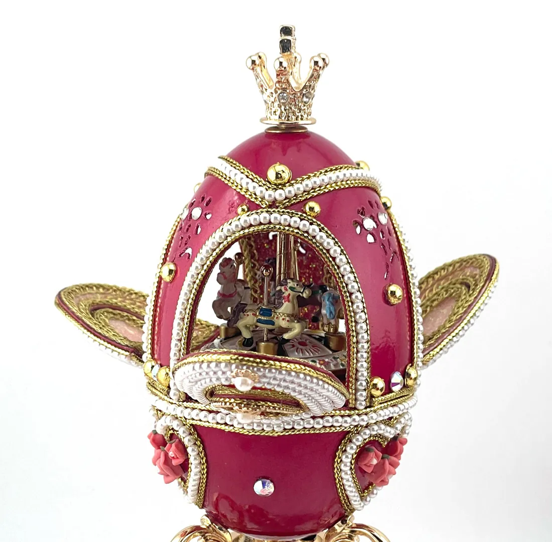 Pierre Lorren Faberge Egg Style Musical Carousel Handmade Natural Egg Pure Gold Decor - Unique Faberge Egg Lovers 16th Birthday Daughter Gift