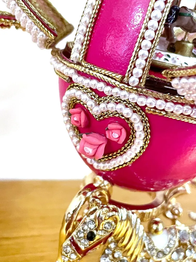 Pierre Lorren Faberge Egg Style Musical Carousel Handmade Natural Egg Pure Gold Decor - Unique Faberge Egg Lovers 16th Birthday Daughter Gift