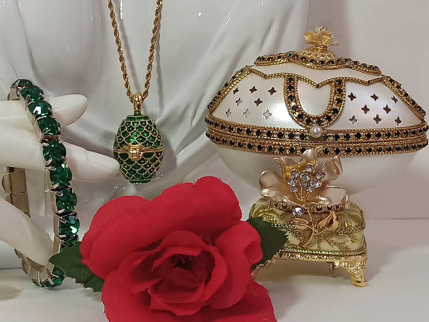 Faberge Egg May Birthstone Jewelry Set - Mom New Homeowner Gift, May Birthday Music Box, Natural Handcarved Egg + 24k Gold Necklace + Bracelet