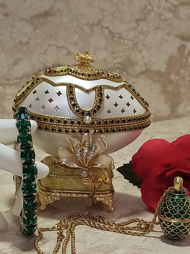 Faberge Egg May Birthstone Jewelry Set - Mom New Homeowner Gift, May Birthday Music Box, Natural Handcarved Egg + 24k Gold Necklace + Bracelet