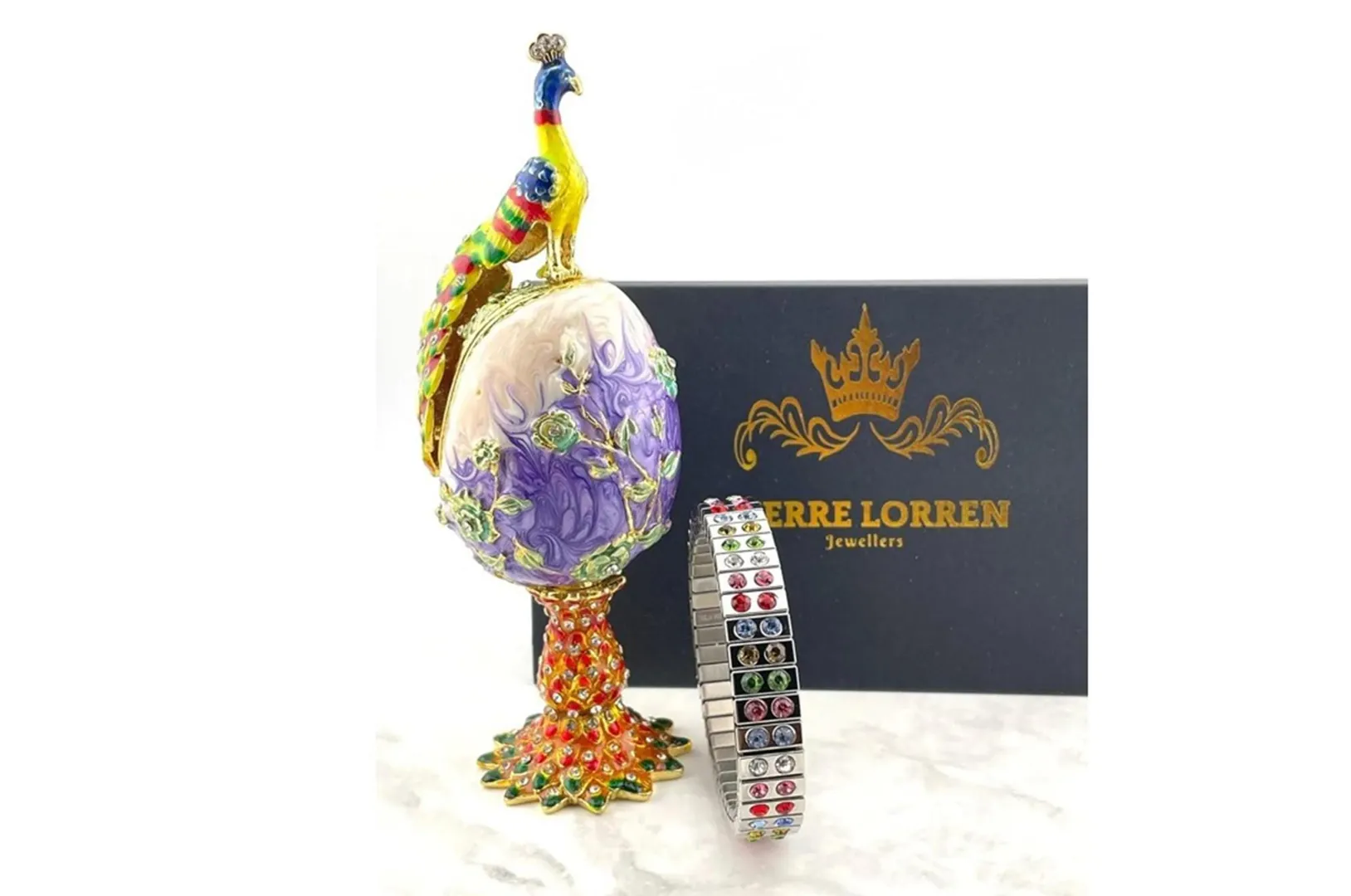 Imperial Faberge Egg in Russian Faberge style, adorned with Swarovski crystals and pure gold decor. This multi-color, handmade piece makes for a perfect Easter gift or a unique present for birthdays and anniversaries. Designed by Pierre Lorren.
