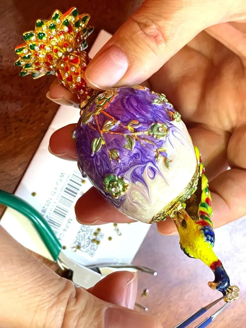 PEACOCK  Imperial Faberge Egg in Russian Faberge style, adorned with Swarovski crystals and pure gold decor. This multi-color, handmade piece makes for a perfect Easter gift or a unique present for birthdays and anniversaries. Designed by Pierre Lorren.
