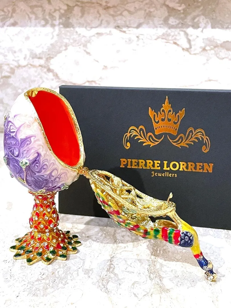 PEACOCK  Imperial Faberge Egg in Russian Faberge style, adorned with Swarovski crystals and pure gold decor. This multi-color, handmade piece makes for a perfect Easter gift or a unique present for birthdays and anniversaries. Designed by Pierre Lorren.