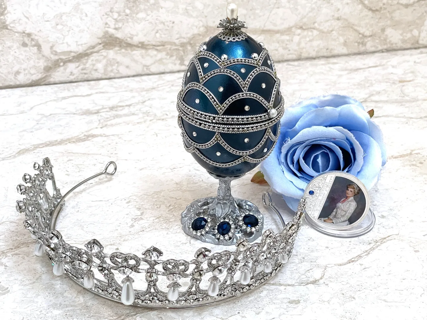 1981 Princess of Wales Fabergé Egg Decorative Boxes Fabergé Egg Jewelry Box + Silver Tiara + Princess Diana Spencer Collectible Coin