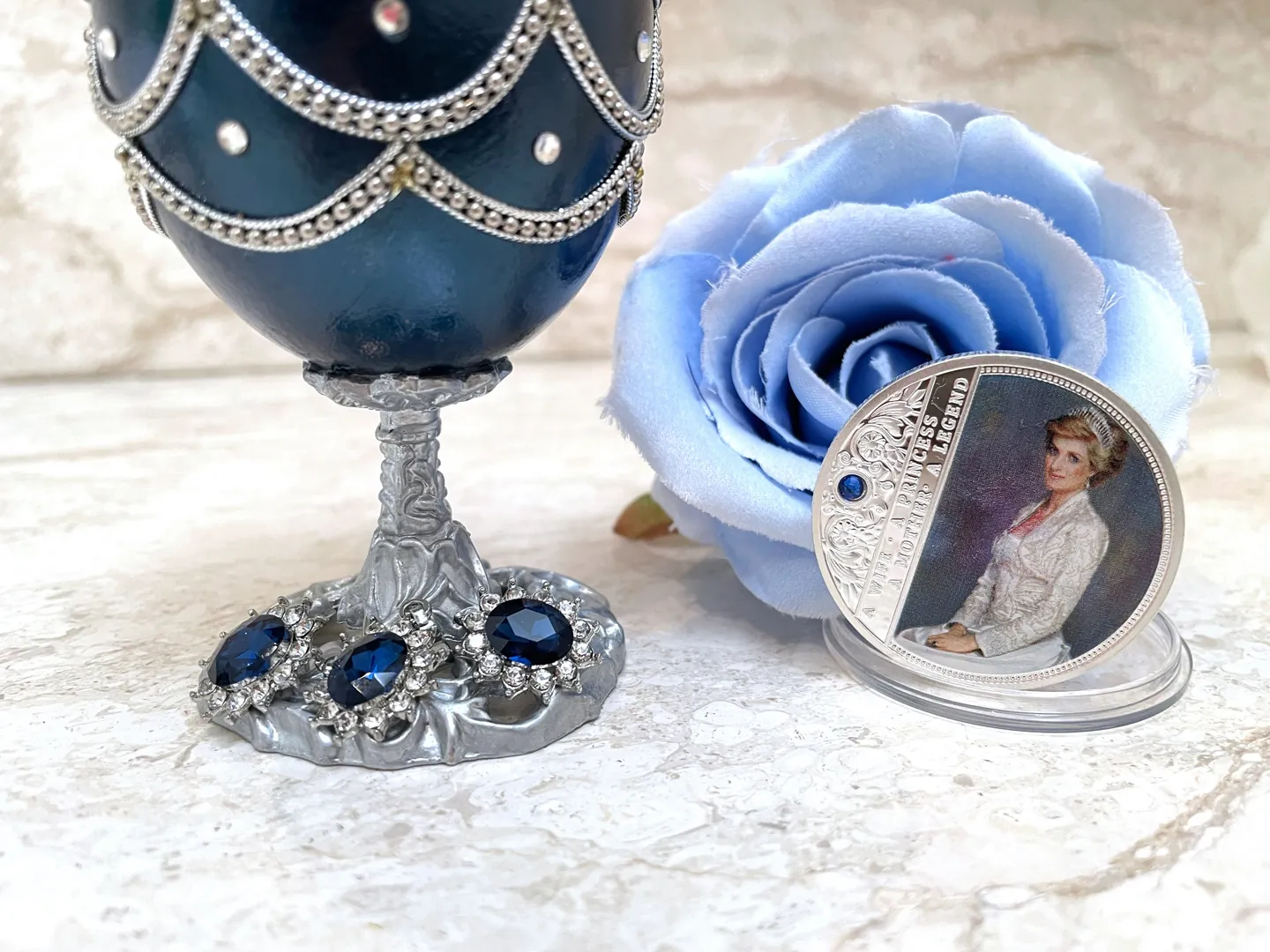 1981 Princess of Wales Fabergé Egg Decorative Boxes Fabergé Egg Jewelry Box + Silver Tiara + Princess Diana Spencer Collectible Coin
