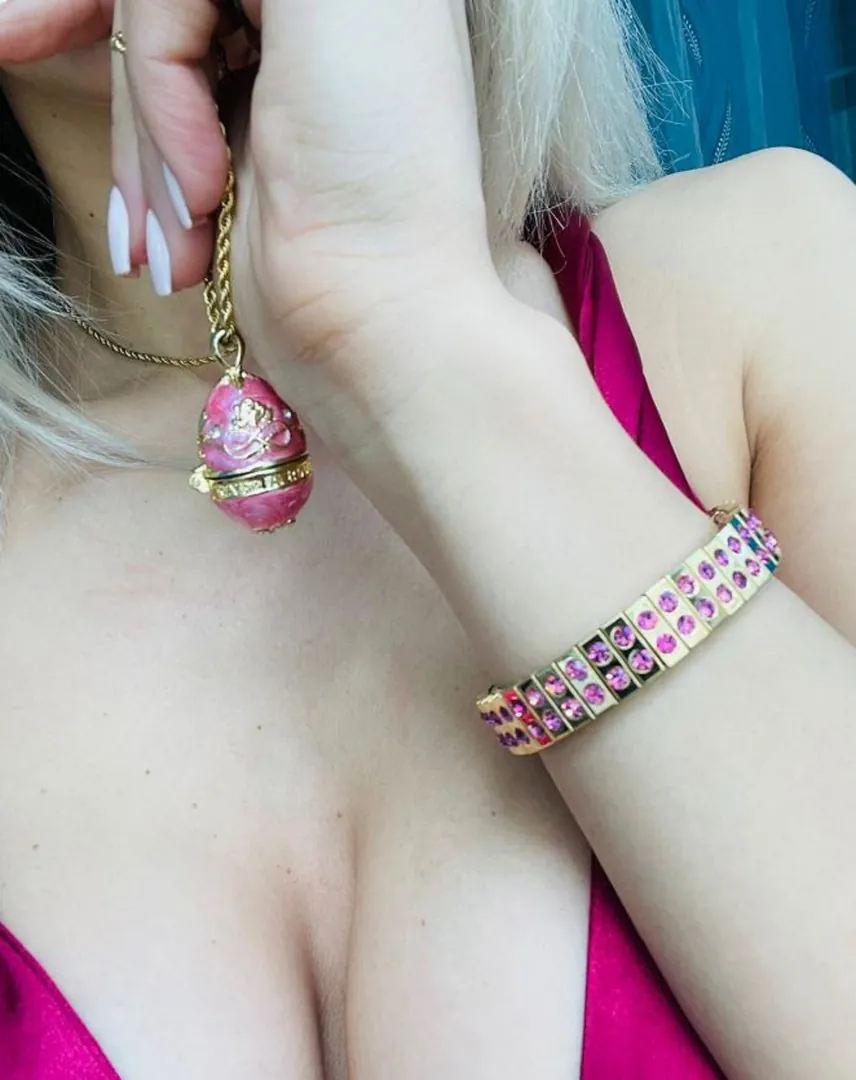 Pink FABERGE Egg Jewelry/Pink Necklace with Pendant Set and Her Bracelet Set/Graduation Gift for Her/Swarovski Topaz Gems/HANDMADE/24k Gold