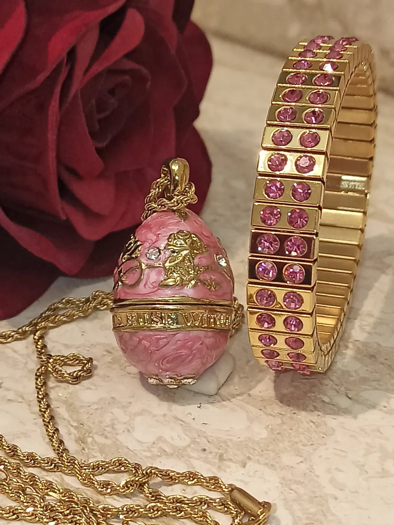 Pink FABERGE Egg Jewelry/Pink Necklace with Pendant Set and Her Bracelet Set/Graduation Gift for Her/Swarovski Topaz Gems/HANDMADE/24k Gold