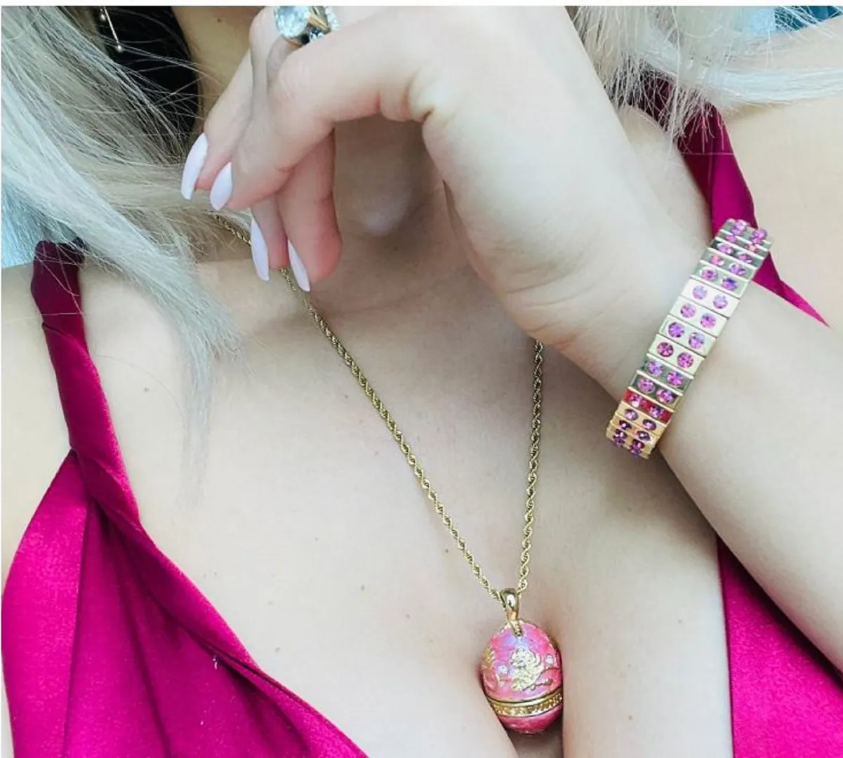 Pink FABERGE Egg Jewelry/Pink Necklace with Pendant Set and Her Bracelet Set/Graduation Gift for Her/Swarovski Topaz Gems/HANDMADE/24k Gold