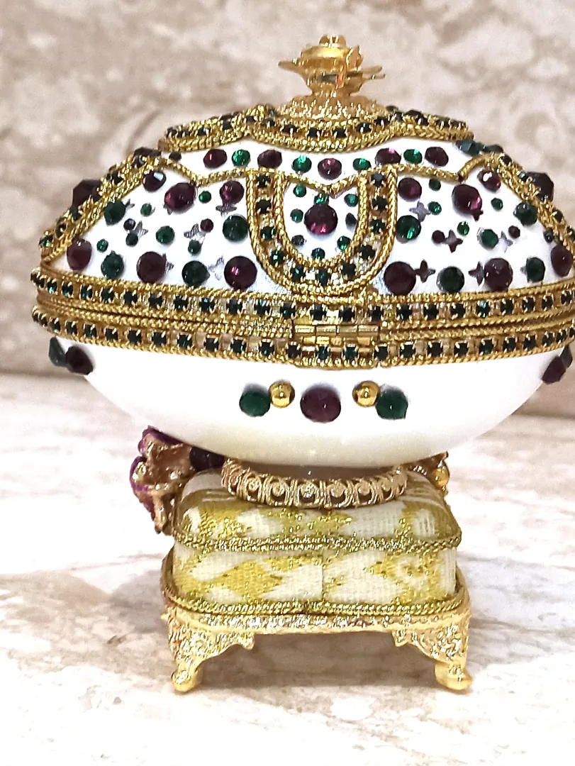 One of a Kind, Fabergé Egg Style Jewelry Box Set, Amethyst, Fabergé Egg, Musical, Fabergé Egg Box & Handmade Bracelet, 24K Gold, Handcarved.