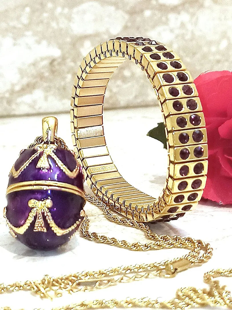 One of a Kind, Fabergé Egg Style Jewelry Box Set, Amethyst, Fabergé Egg, Musical, Fabergé Egg Box & Handmade Bracelet, 24K Gold, Handcarved.