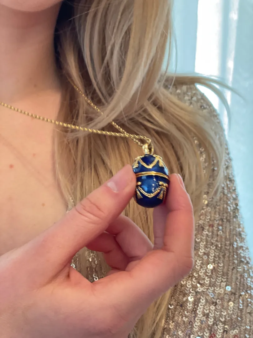 Luxury SAPPHIRE Blue Necklace - 24k GOLD - Guilloché Enamel - Faberge Egg Pendant Necklace Blue - 23.5