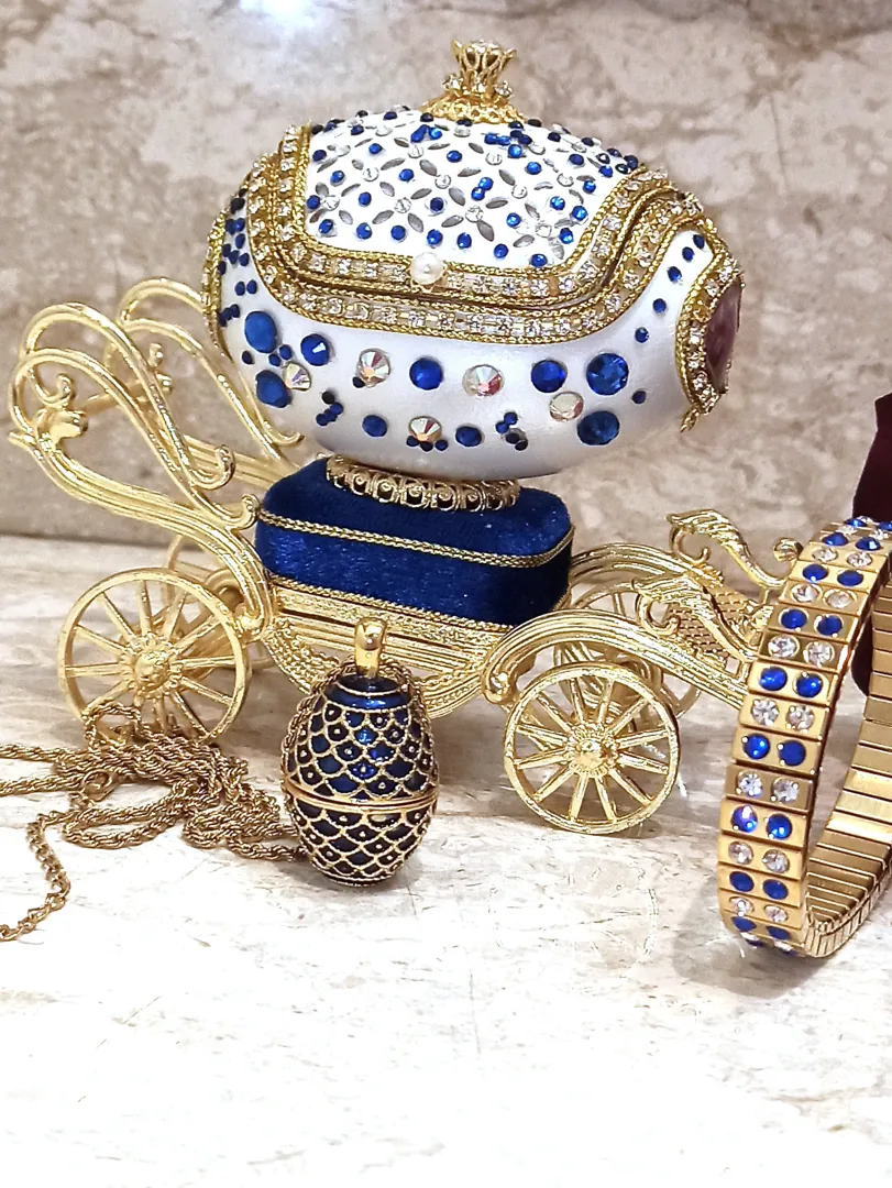 Faberge Egg Jewelry Box, plus Faberge necklace, Austrian crystal sapphire bracelet, 24K gold, musical, graduate, birthday gift for wife, new mom.