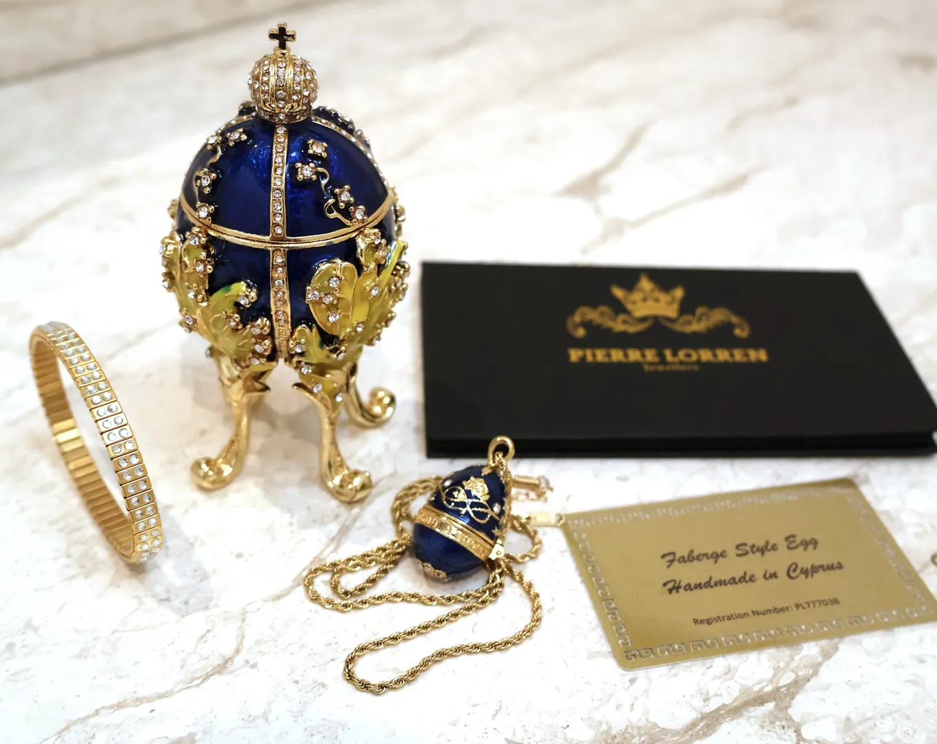 Designer Faberge Style Egg gift for her Sapphire Blue Swarovski Pure Gold decor Faberge Egg Trinket Box Handmade Christmas Easter Birthday