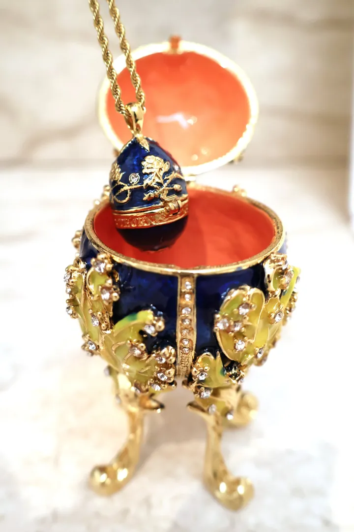 Designer Faberge Style Egg gift for her Sapphire Blue Swarovski Pure Gold decor Faberge Egg Trinket Box Handmade Christmas Easter Birthday