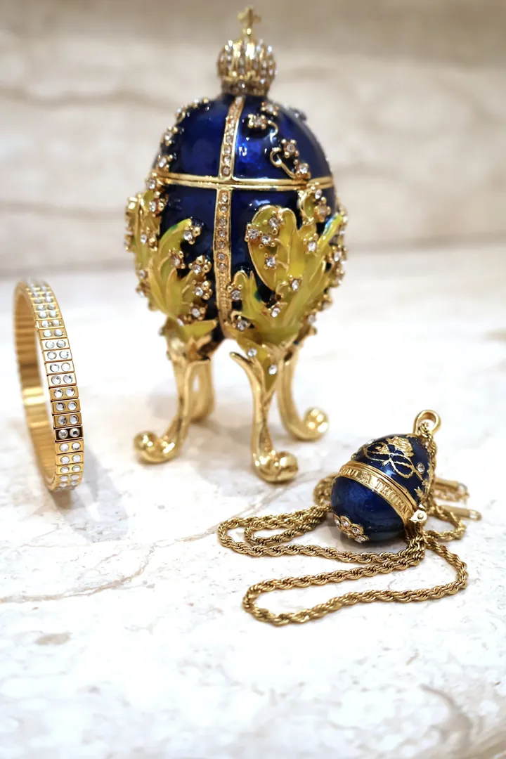 Designer Faberge Style Egg gift for her Sapphire Blue Swarovski Pure Gold decor Faberge Egg Trinket Box Handmade Christmas Easter Birthday