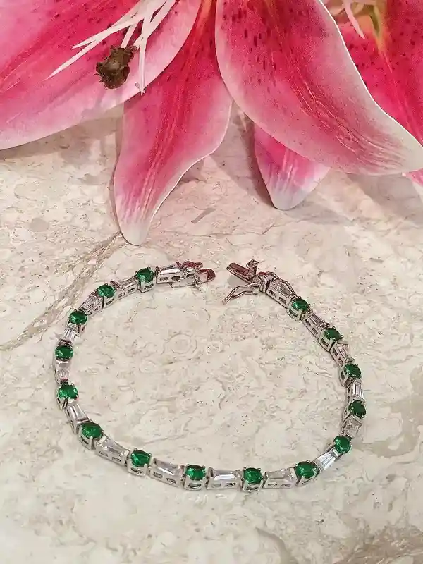 EMERALD Bracelet, Baguette Bracelet, Emerald Tennis Bracelet, Sterling Silver 925, CZ Gemstone Bracelet, Anniversary gift for her, Handmade 