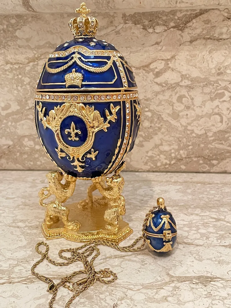 Sapphire Blue Faberge Egg Pendant & Fabergé Egg Decorative Boxes, Something Blue Wedding Gift, 24k Gold, 200 Austrian Crystal Handset Blue Gift
